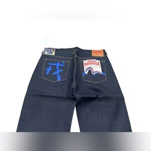Vtg Evisu heritage seldvage denim with painted Japanese blue logo 36/38/40/42/44